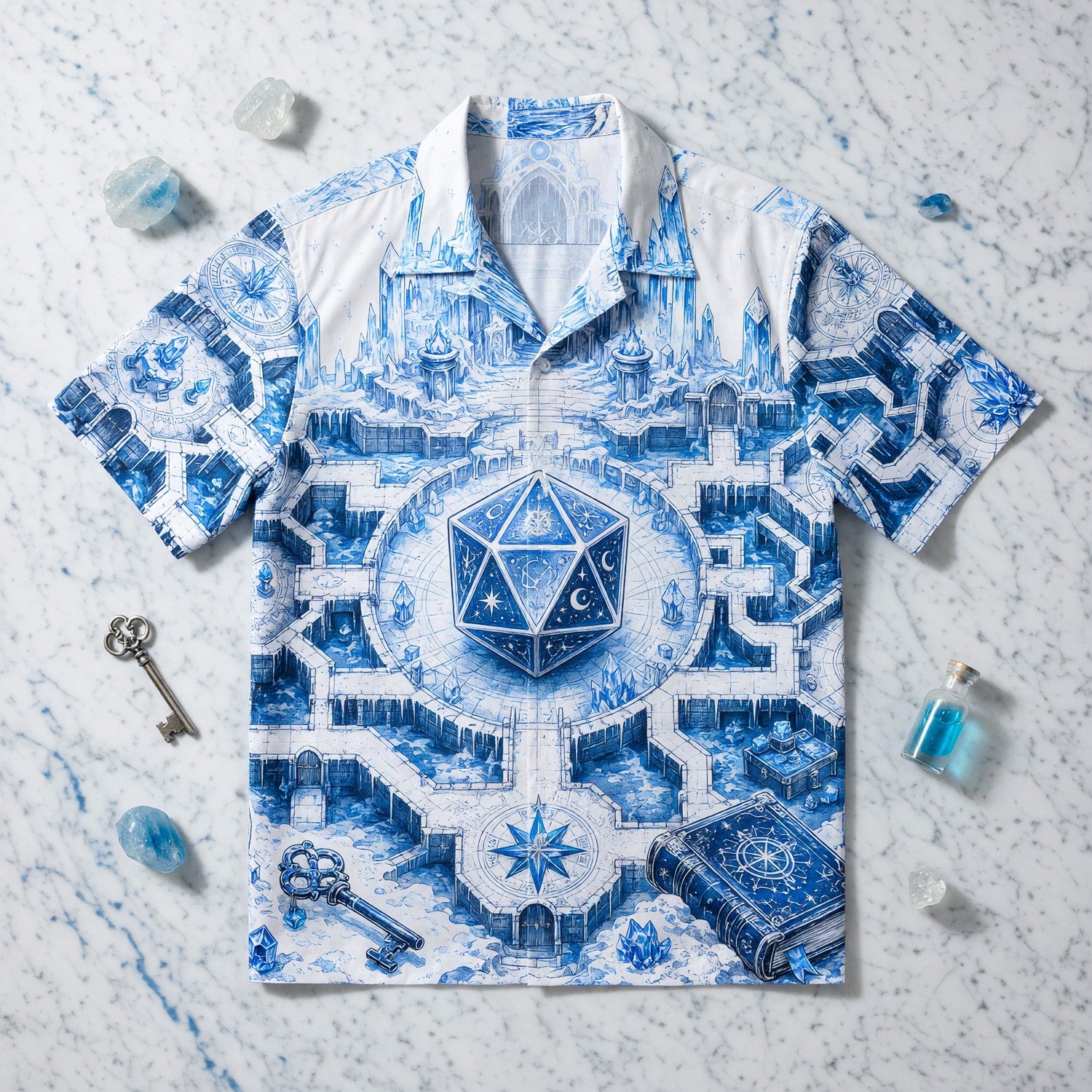D20 Ice Crystal Castle Hawaiian Shirt - Fantasy RPG Dice Art