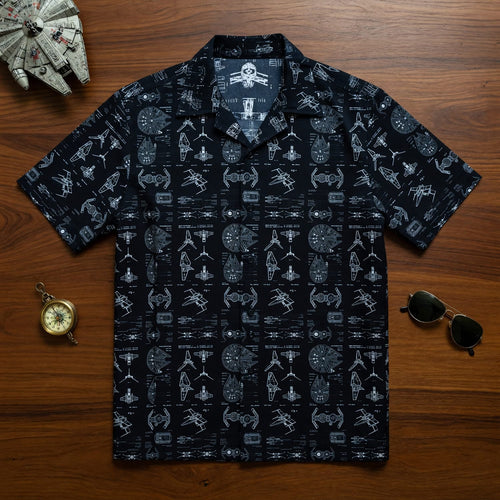 Galactic Ships Hawaiian Shirt - Blueprint Fleet Pattern Apparel