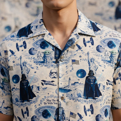 Galactic Americana Toile Premium Hawaiian Shirt - Dark Lord Green Baby Alien Bounty Hunter Patriotic
