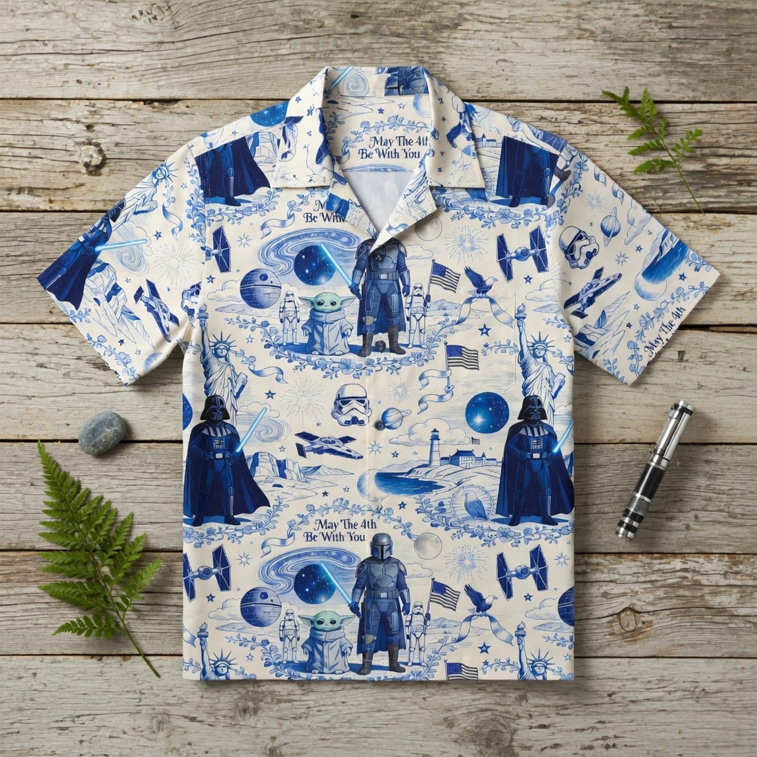 Galactic Americana Toile Premium Hawaiian Shirt - Dark Lord Green Baby Alien Bounty Hunter Patriotic