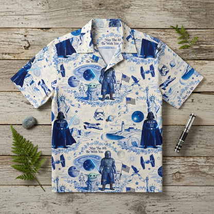 Galactic Americana Toile Premium Hawaiian Shirt - Dark Lord Green Baby Alien Bounty Hunter Patriotic