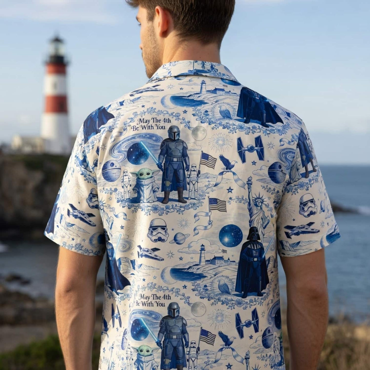 Galactic Americana Toile Premium Hawaiian Shirt - Dark Lord Green Baby Alien Bounty Hunter Patriotic
