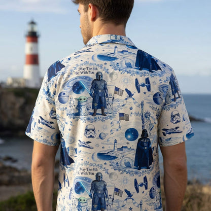 Galactic Americana Toile Premium Hawaiian Shirt - Dark Lord Green Baby Alien Bounty Hunter Patriotic
