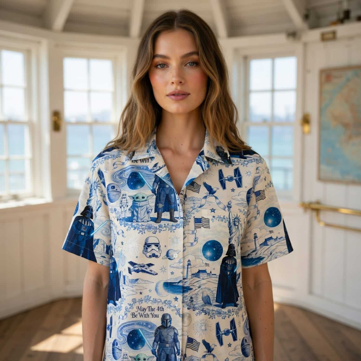 Galactic Americana Toile Premium Hawaiian Shirt - Dark Lord Green Baby Alien Bounty Hunter Patriotic