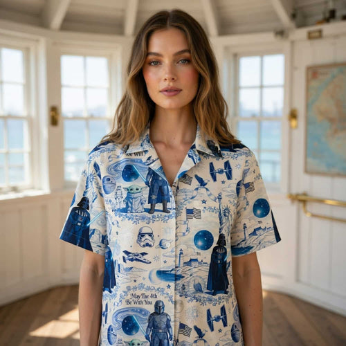 Galactic Americana Toile Premium Hawaiian Shirt - Dark Lord Green Baby Alien Bounty Hunter Patriotic