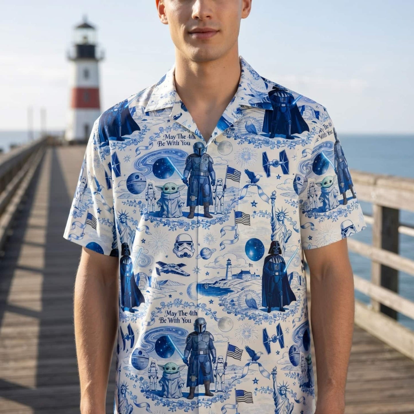 Galactic Americana Toile Premium Hawaiian Shirt - Dark Lord Green Baby Alien Bounty Hunter Patriotic