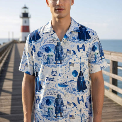 Galactic Americana Toile Premium Hawaiian Shirt - Dark Lord Green Baby Alien Bounty Hunter Patriotic