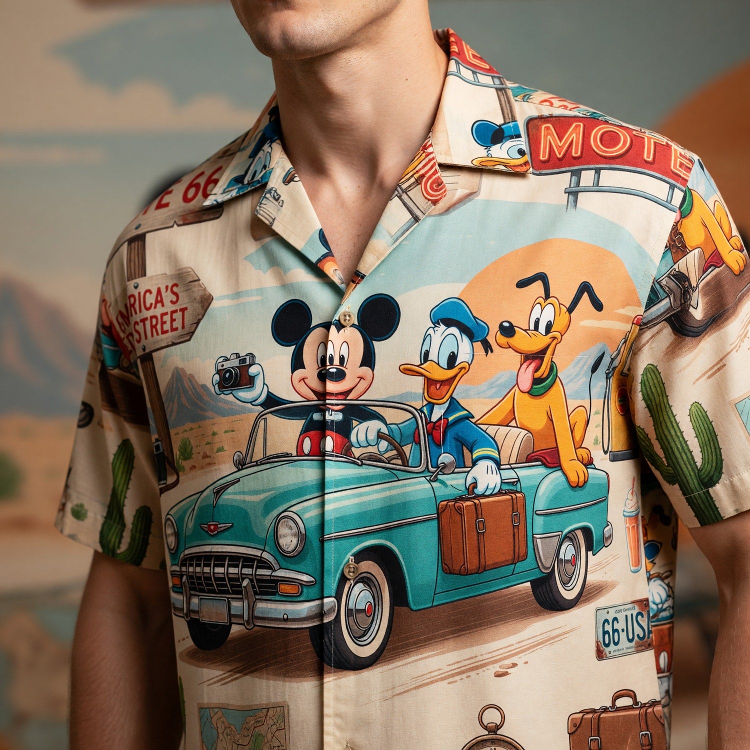 Route 66 Hawaiian Shirt - Retro Mouse Duck Pup Road Trip