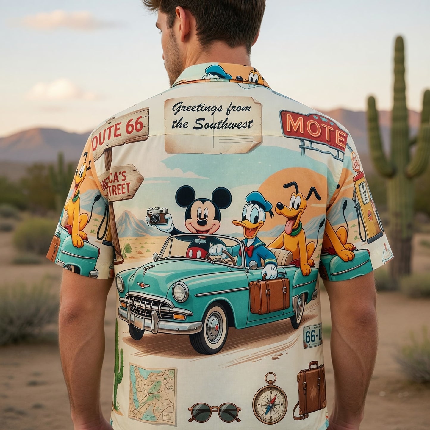 Route 66 Hawaiian Shirt - Retro Mouse Duck Pup Road Trip