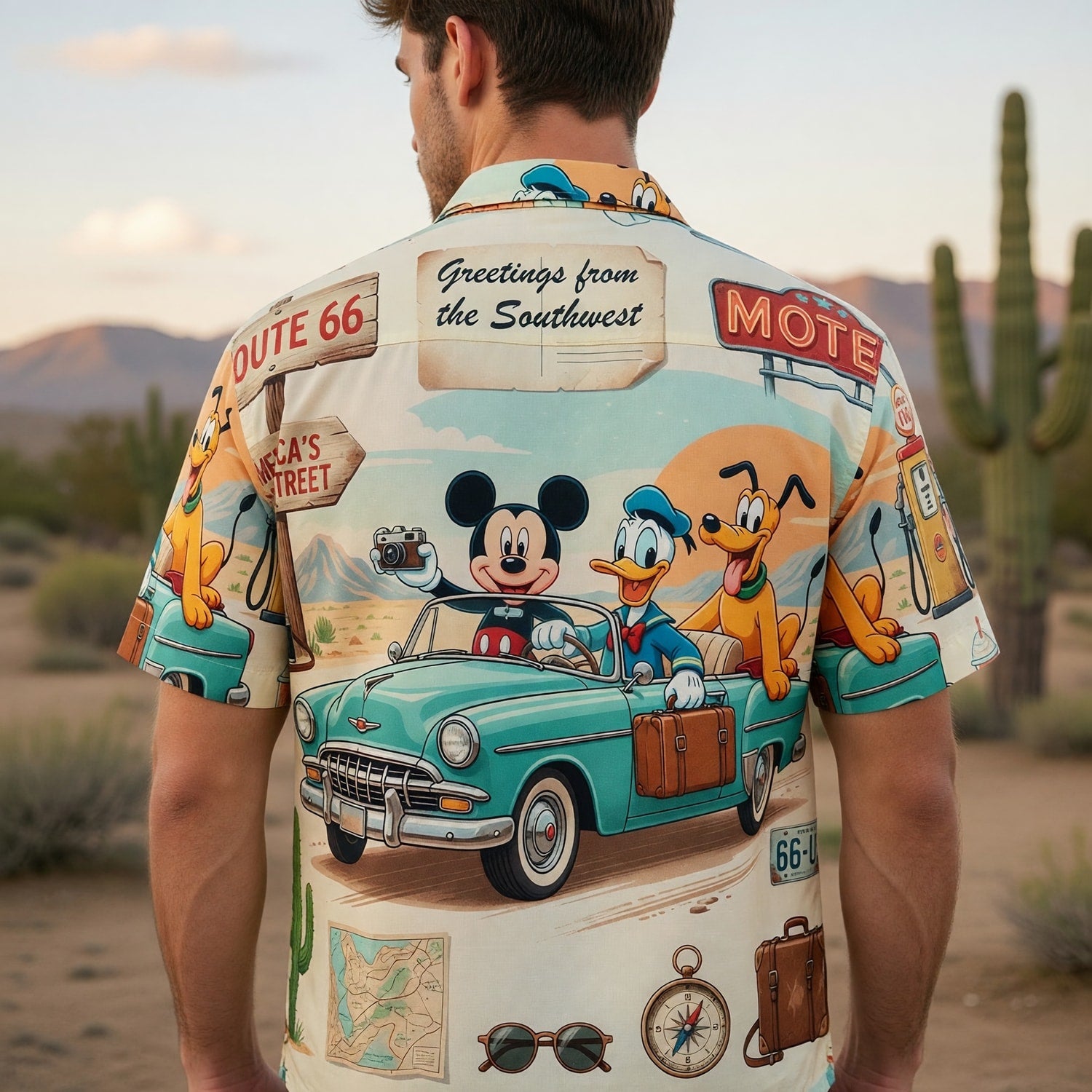 Route 66 Hawaiian Shirt - Retro Mouse Duck Pup Road Trip
