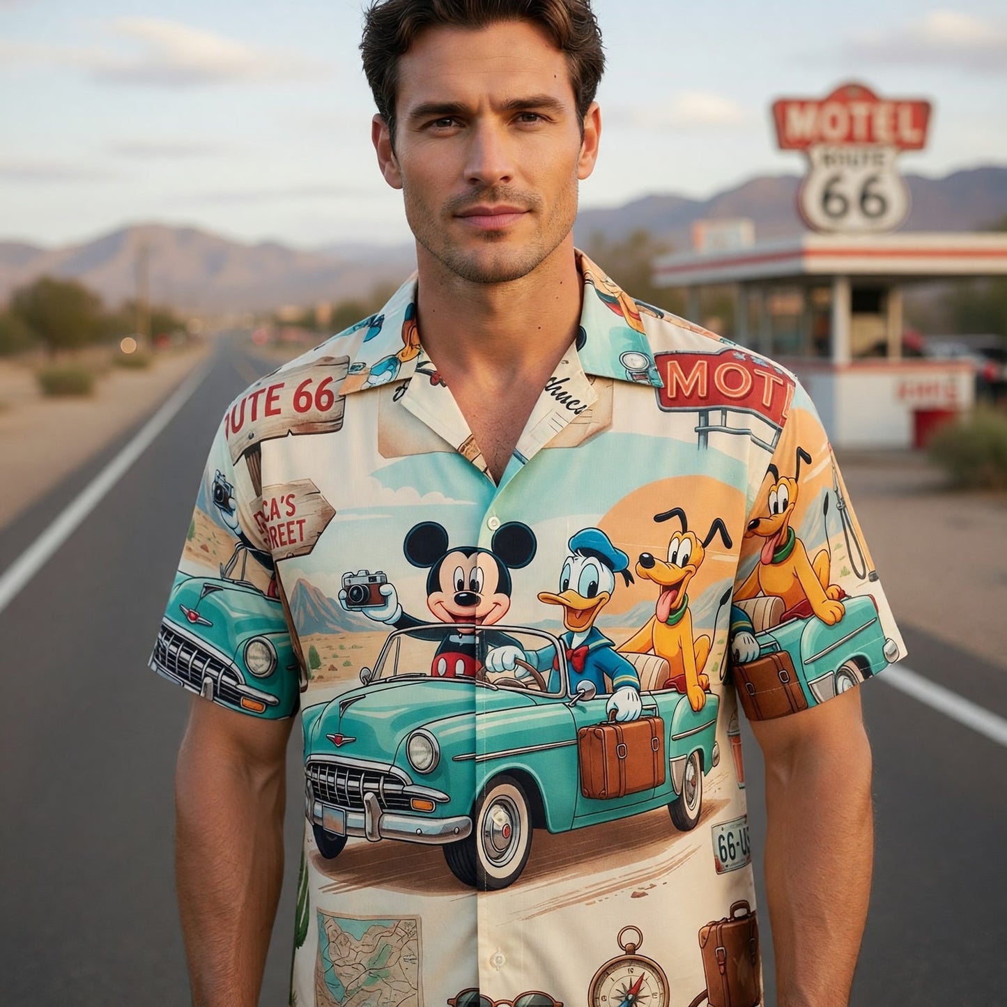 Route 66 Hawaiian Shirt - Retro Mouse Duck Pup Road Trip