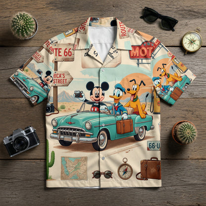 Route 66 Hawaiian Shirt - Retro Mouse Duck Pup Road Trip