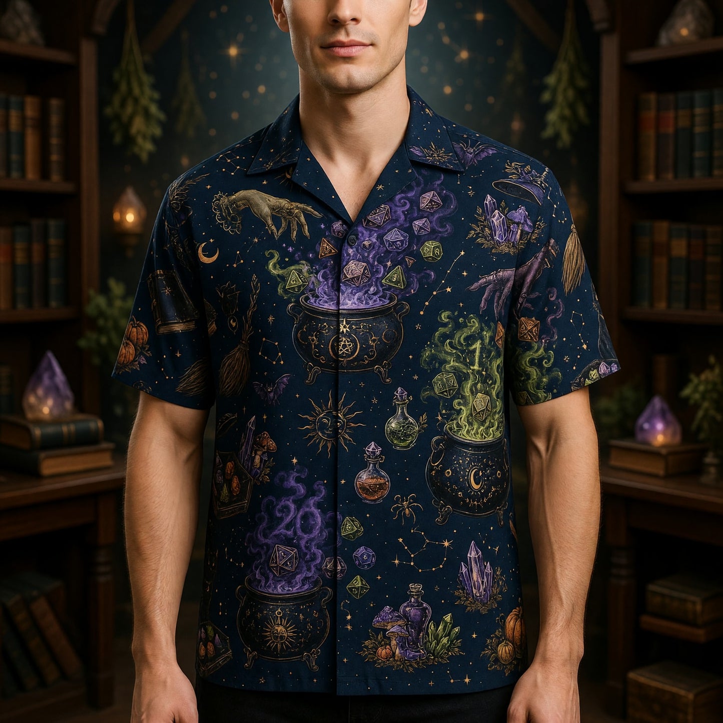 Witchy Hawaiian Shirt - Fantasy Dice Cauldron Magic Pattern