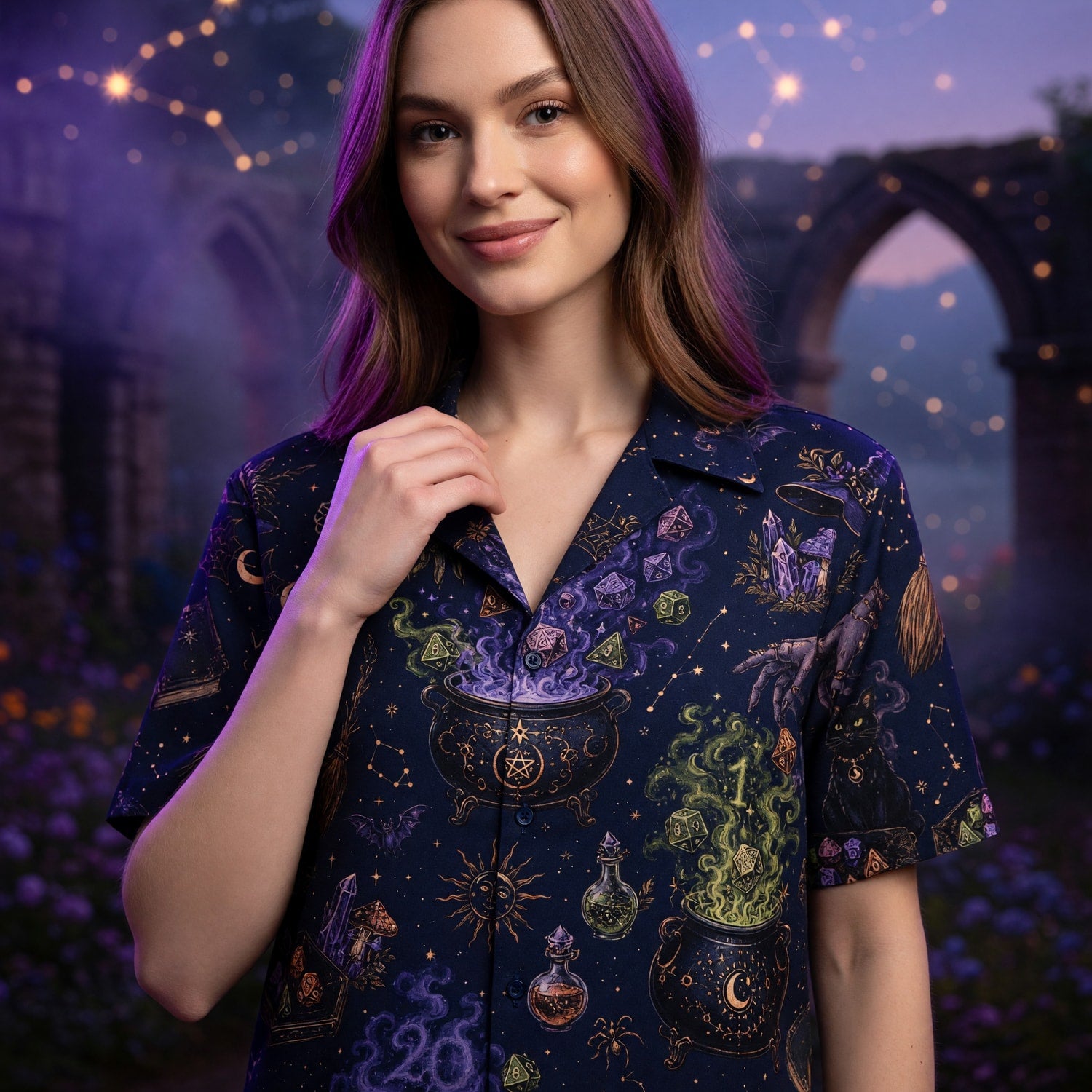 Witchy Hawaiian Shirt - Fantasy Dice Cauldron Magic Pattern