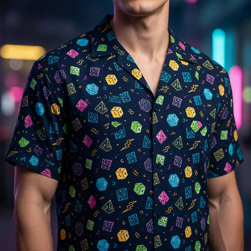 Dice Hawaiian Shirt - Neon Polyhedral RPG Pattern