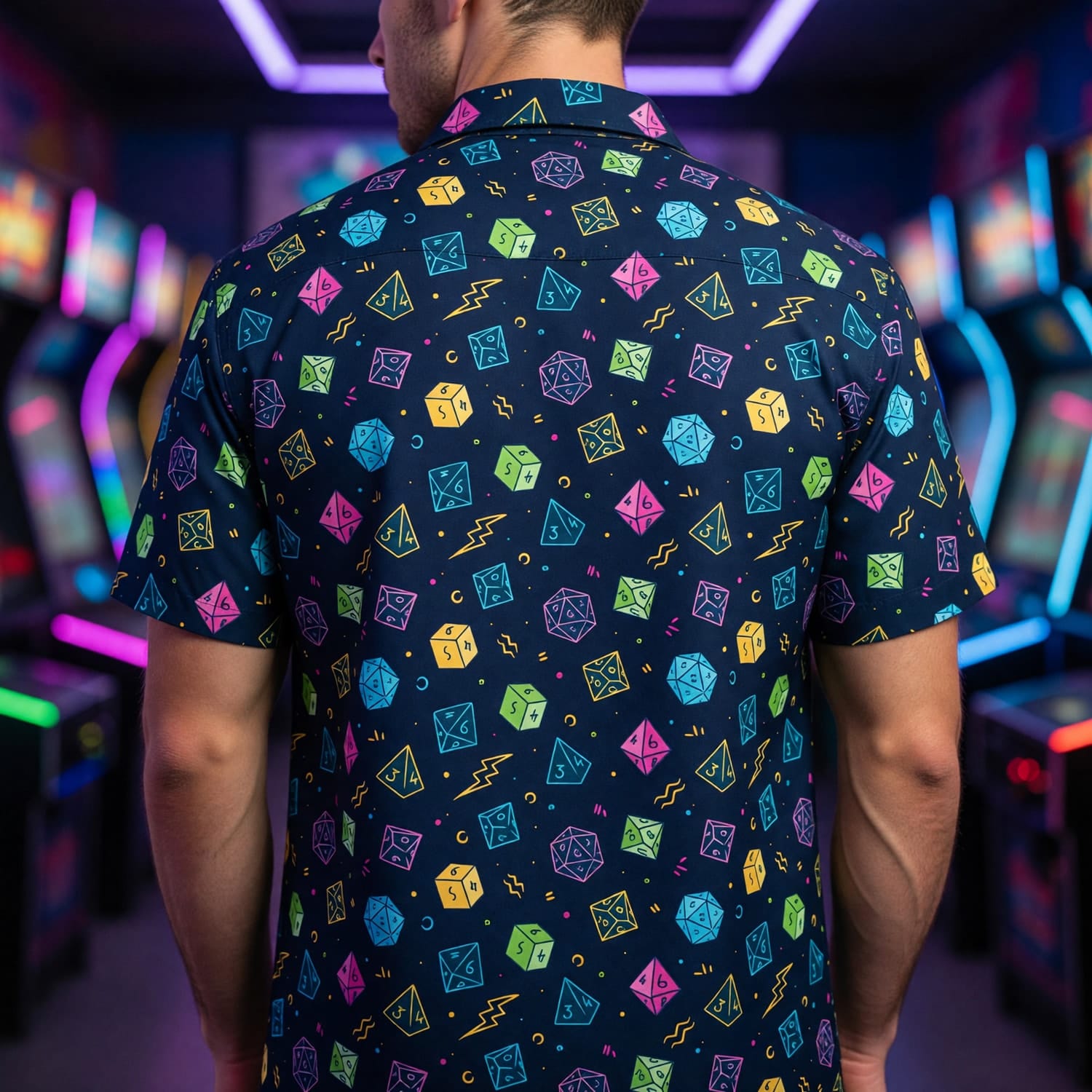 Dice Hawaiian Shirt - Neon Polyhedral RPG Pattern