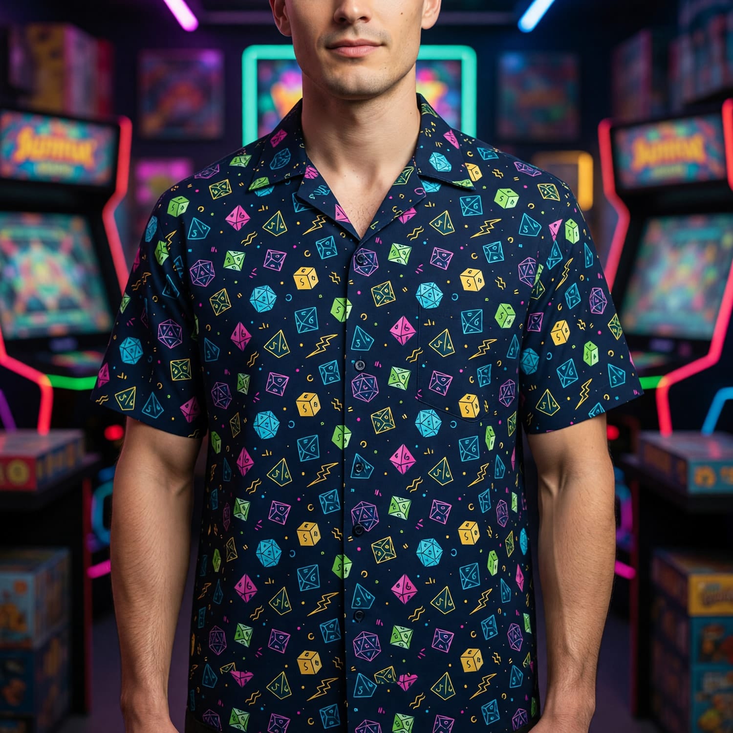 Dice Hawaiian Shirt - Neon Polyhedral RPG Pattern