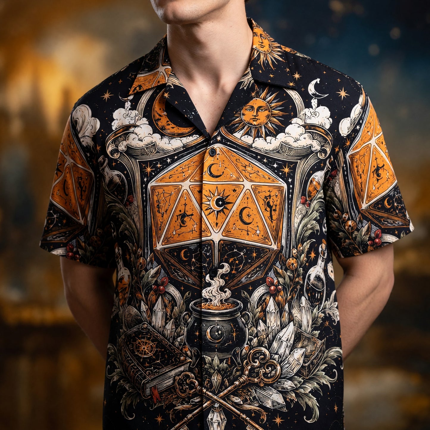 Fantasy Dungeon Celestial Hawaiian Shirt - Mystic D20 Fantasy Apparel