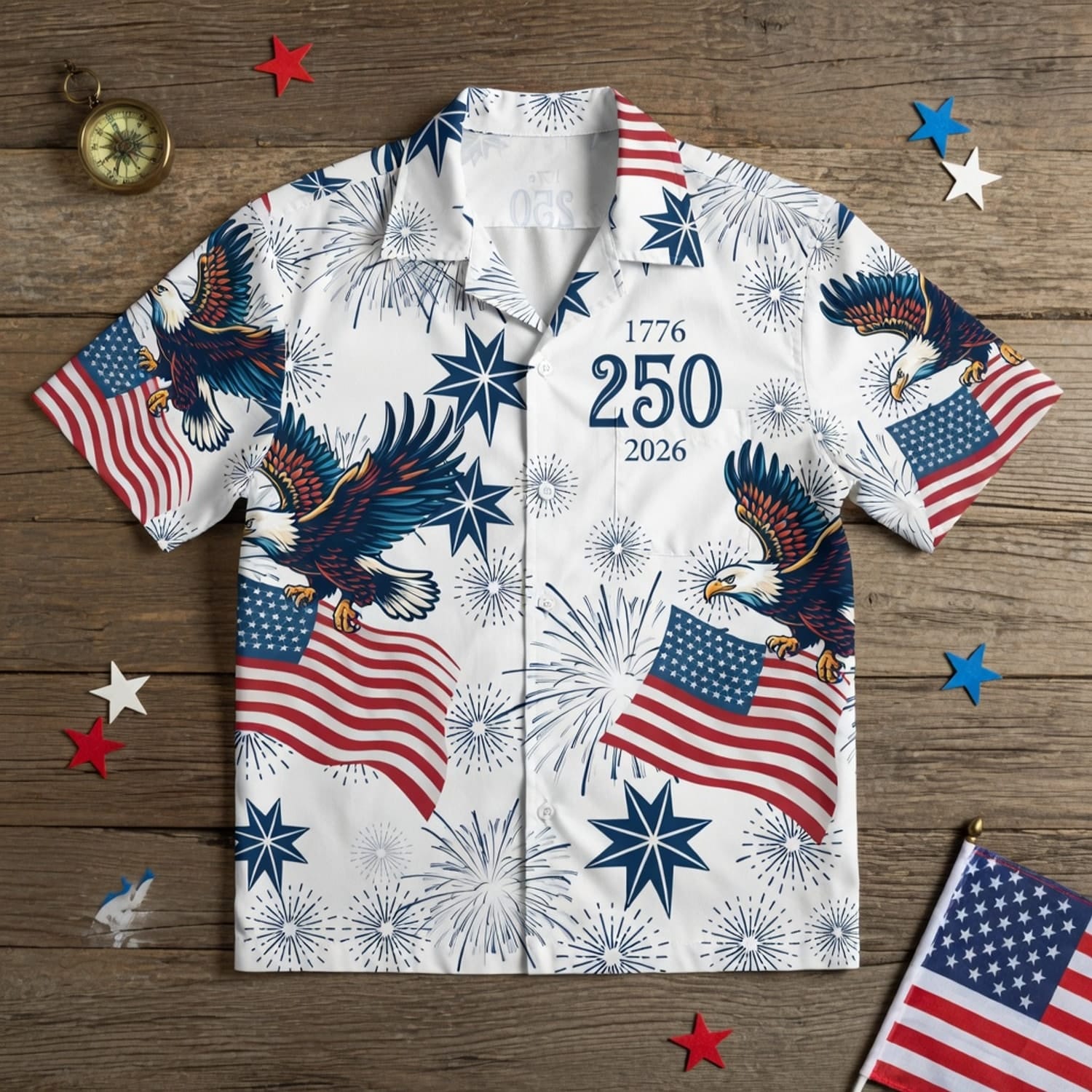 America 250 Bald Eagle Hawaiian White Shirt - 1776-2026 Patriotic Aloha - HWG0VYH001