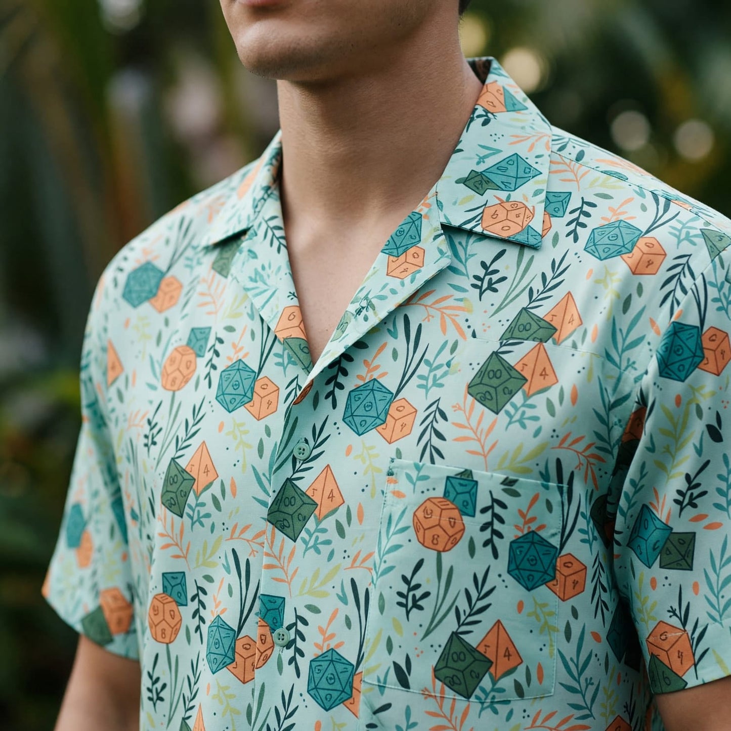Fantasy Dungeon Dice Hawaiian Shirt - Botanical RPG Pattern
