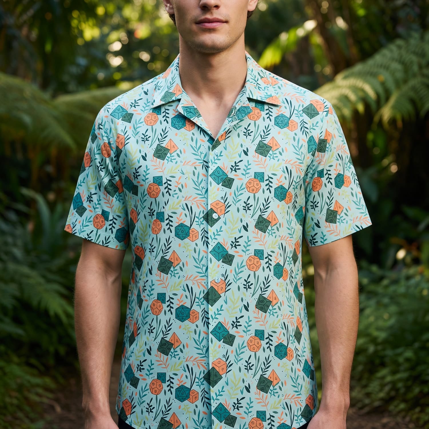 Fantasy Dungeon Dice Hawaiian Shirt - Botanical RPG Pattern