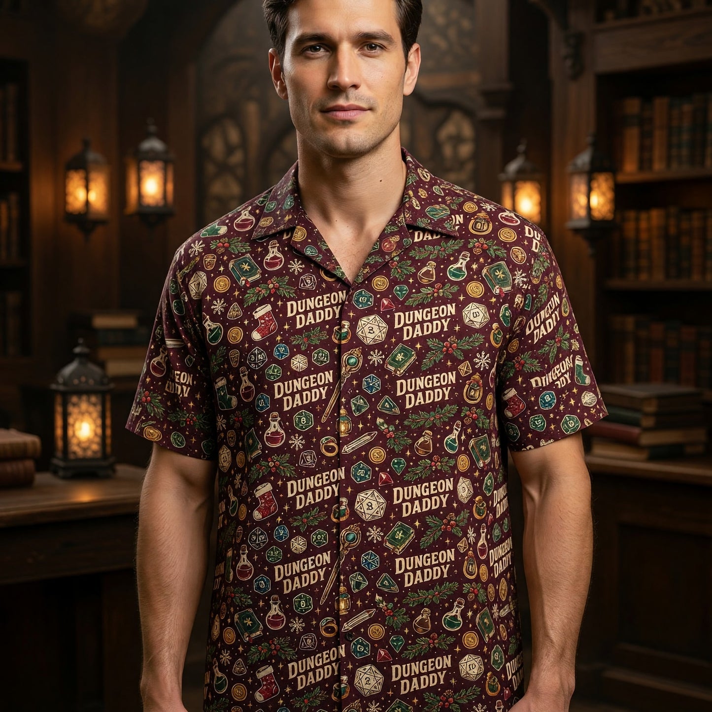 Dungeon Daddy Christmas Hawaiian Shirt - Holiday Gamer Pattern