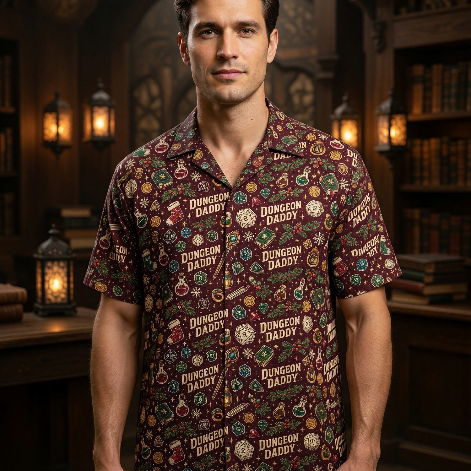 Dungeon Daddy Christmas Hawaiian Shirt - Holiday Gamer Pattern