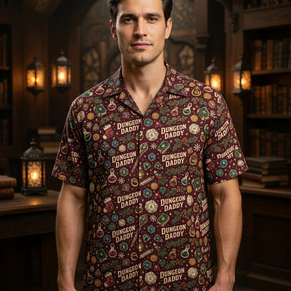 Dungeon Daddy Christmas Hawaiian Shirt - Holiday Gamer Pattern