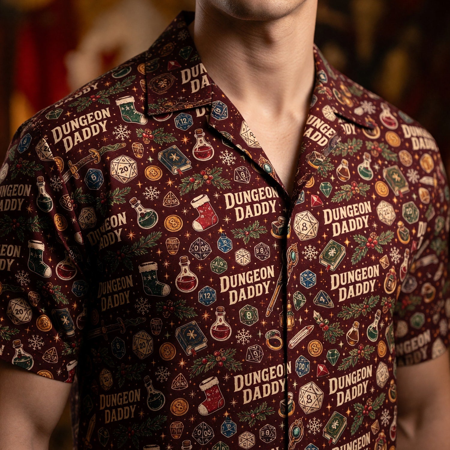 Dungeon Daddy Christmas Hawaiian Shirt - Holiday Gamer Pattern