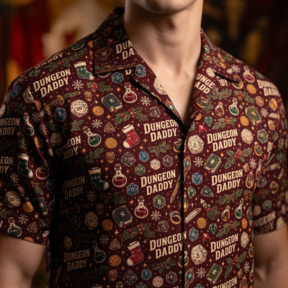 Dungeon Daddy Christmas Hawaiian Shirt - Holiday Gamer Pattern