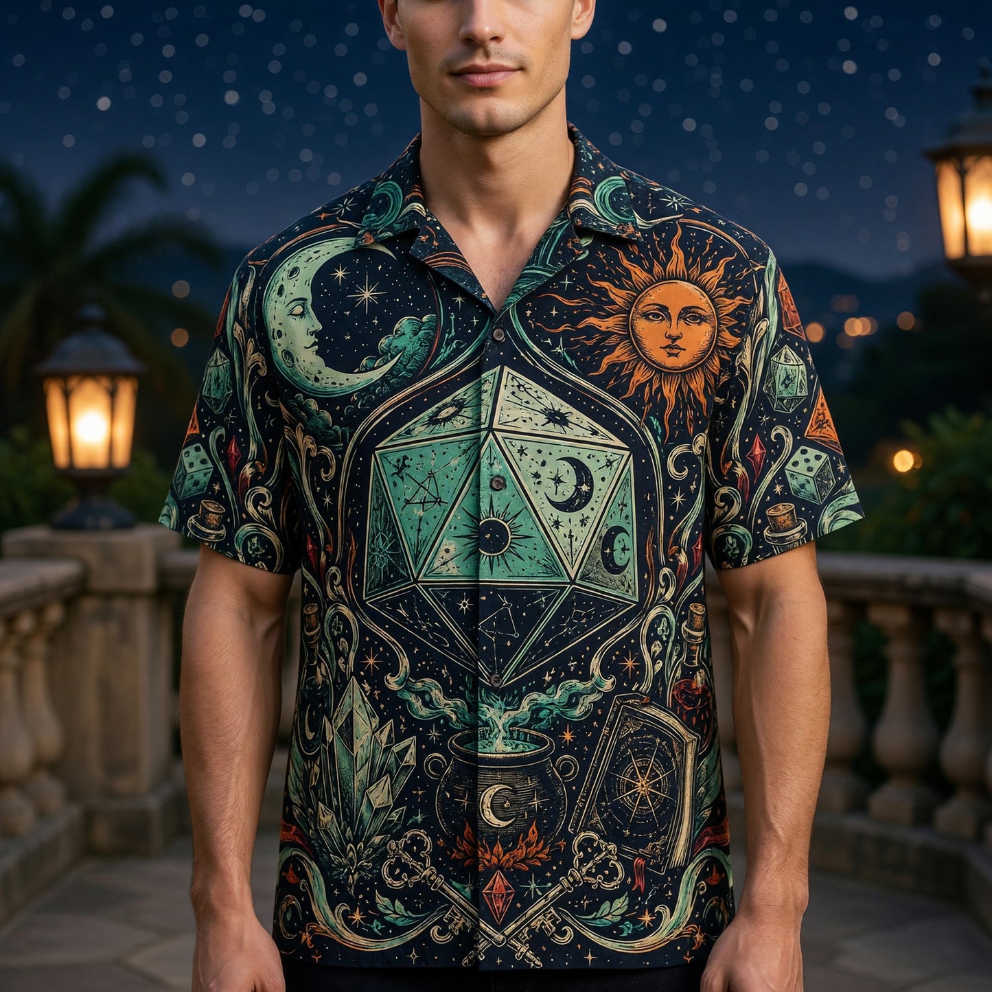 Celestial Dice Hawaiian Shirt - Mystic Fantasy RPG Apparel