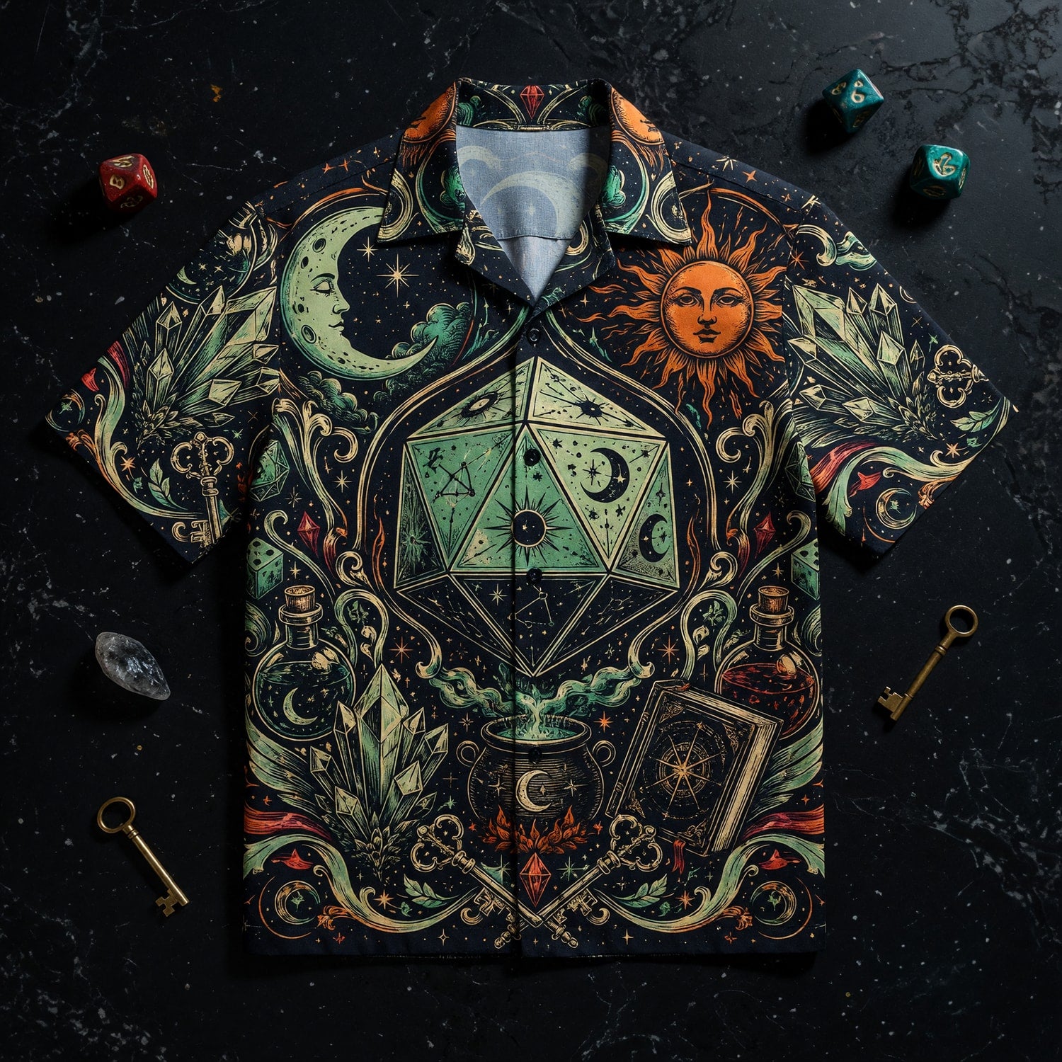 Celestial Dice Hawaiian Shirt - Mystic Fantasy RPG Apparel