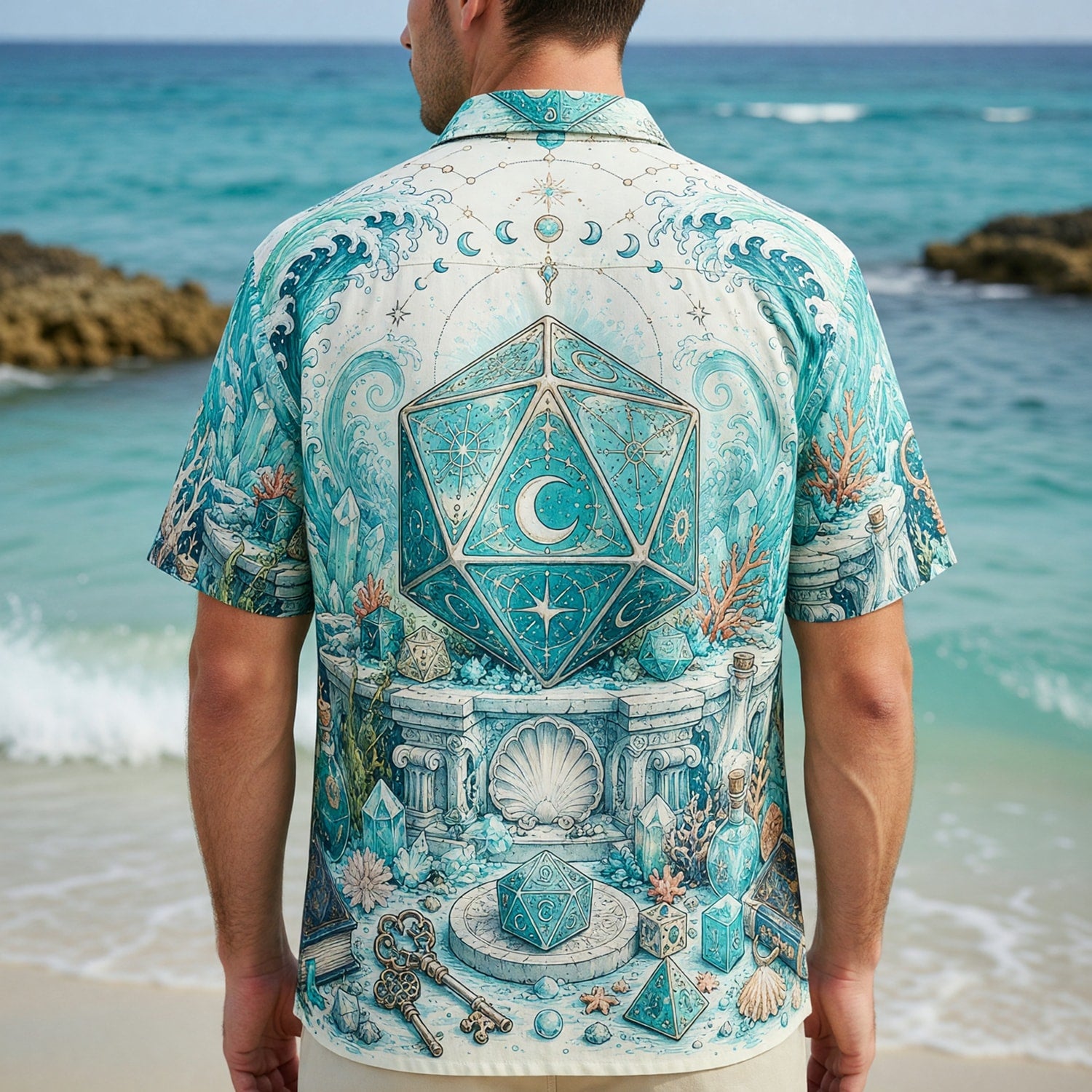 Celestial Ocean D20 Hawaiian Shirt - Mystic Fantasy Dice
