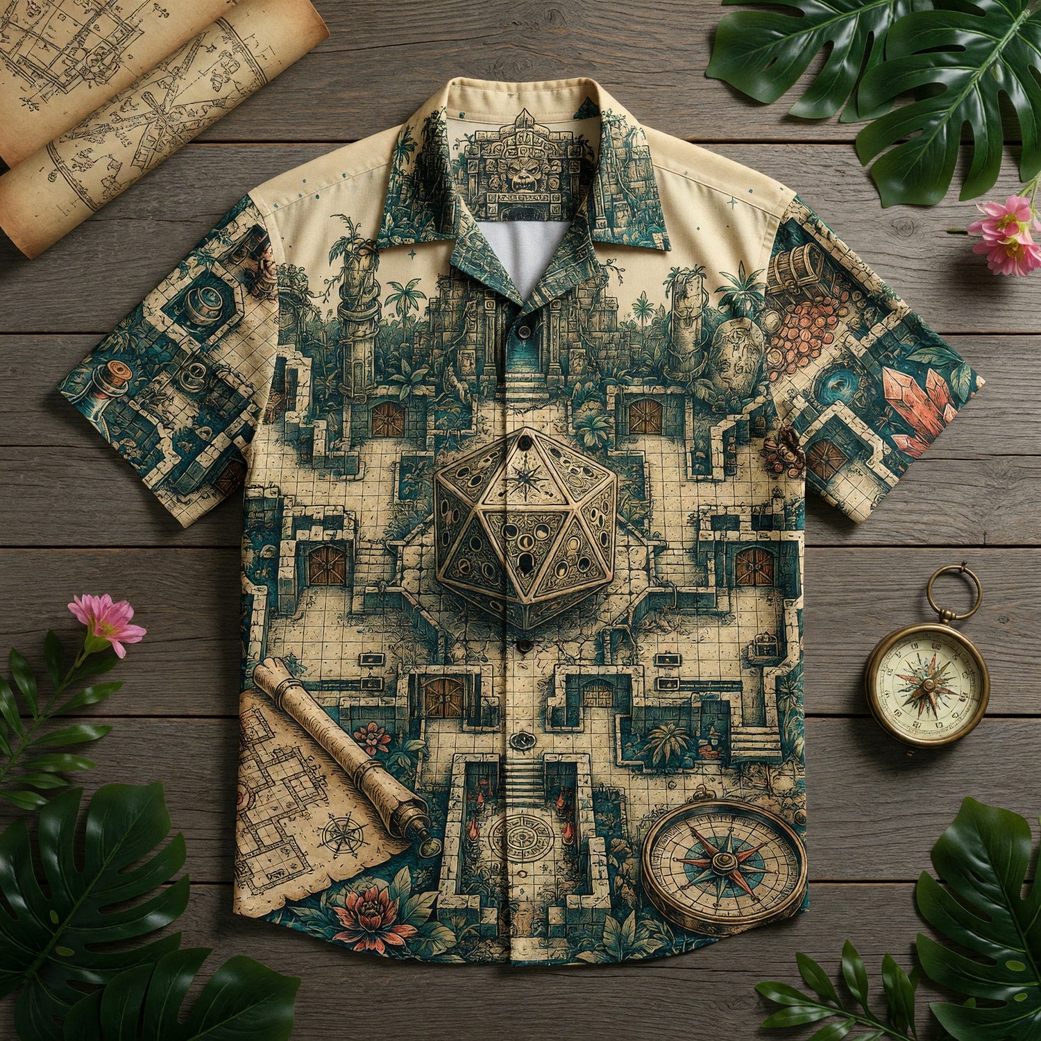Ancient Temple Dice Hawaiian Shirt - Fantasy RPG Adventure
