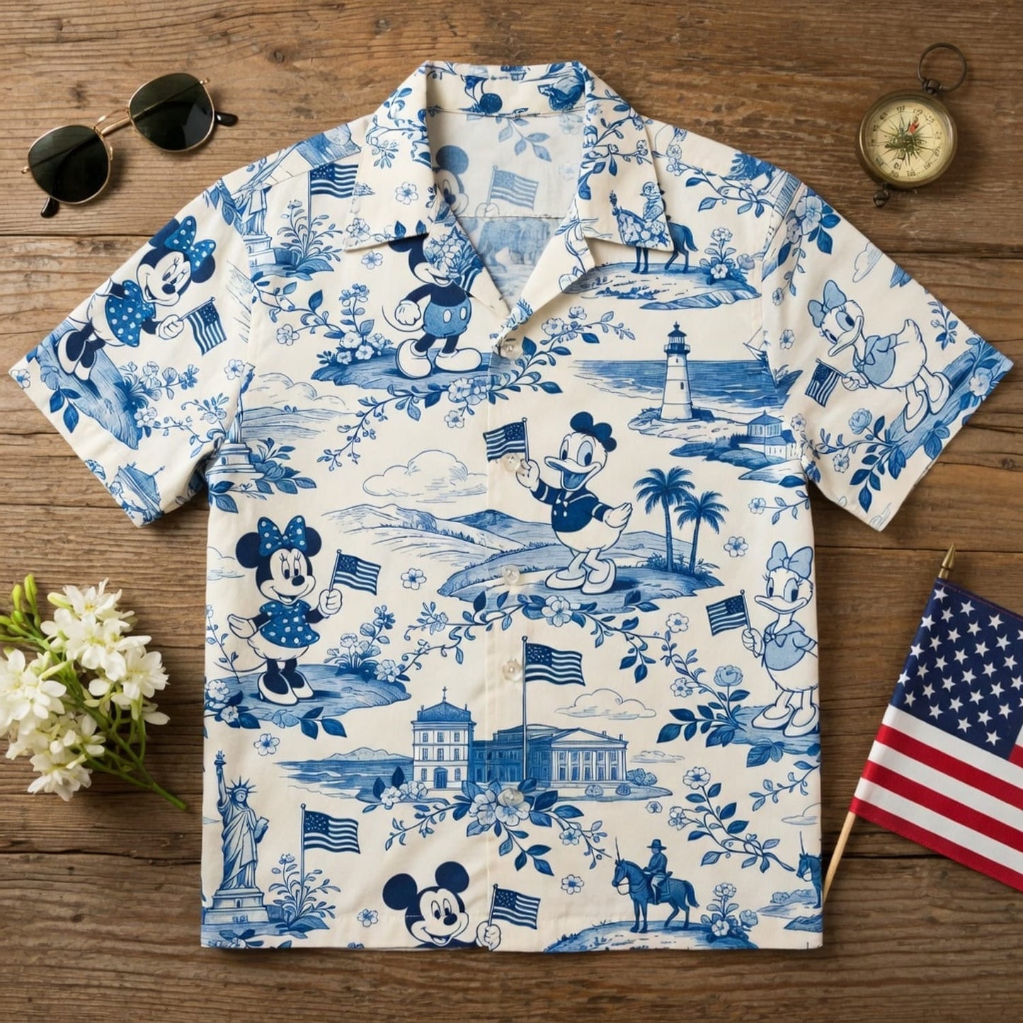 Americana Toile Hawaiian Shirt - Mouse Duck Lady Duck Patriotic Aloha Shirt