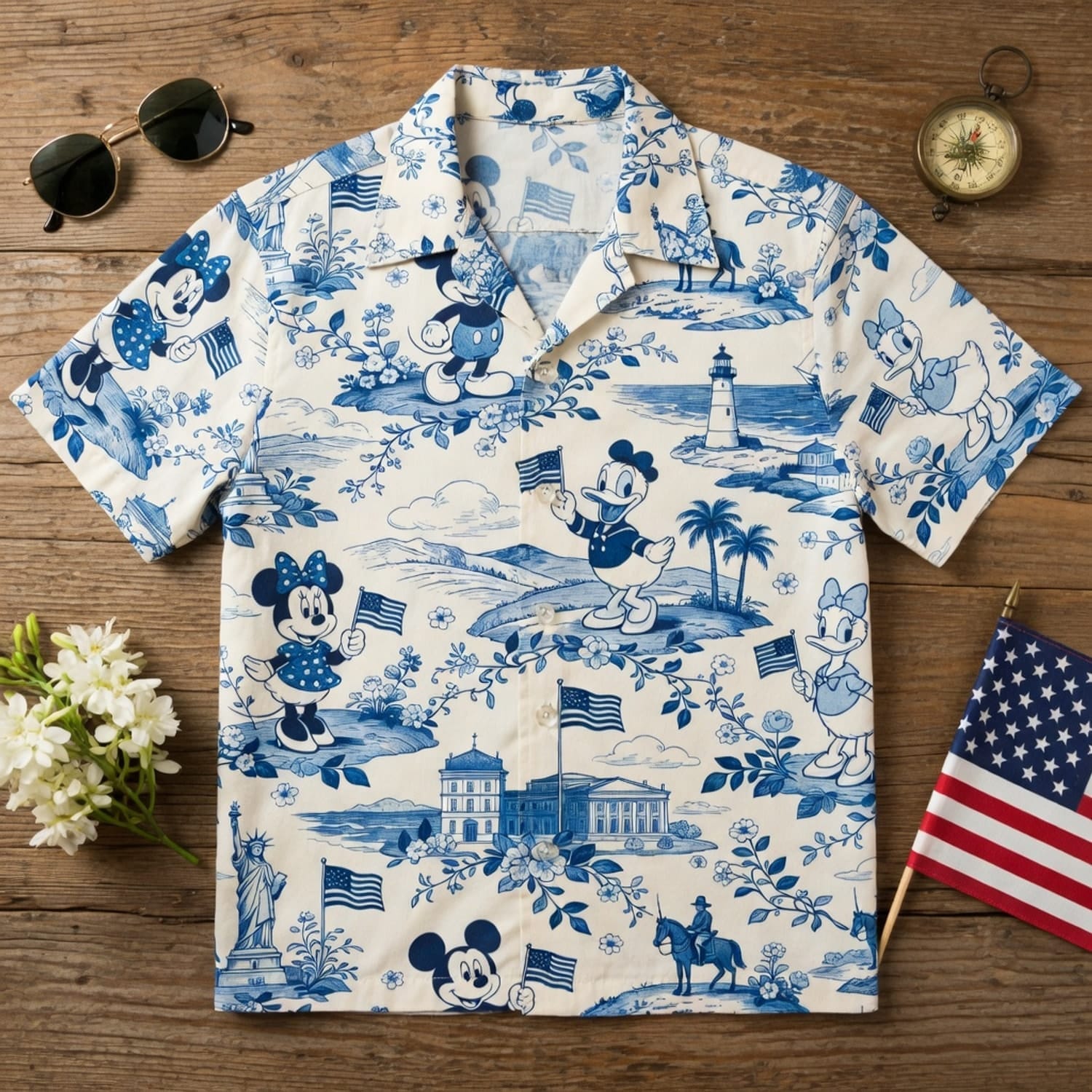 Americana Toile Hawaiian Shirt - Mouse Duck Lady Duck Patriotic Aloha Shirt