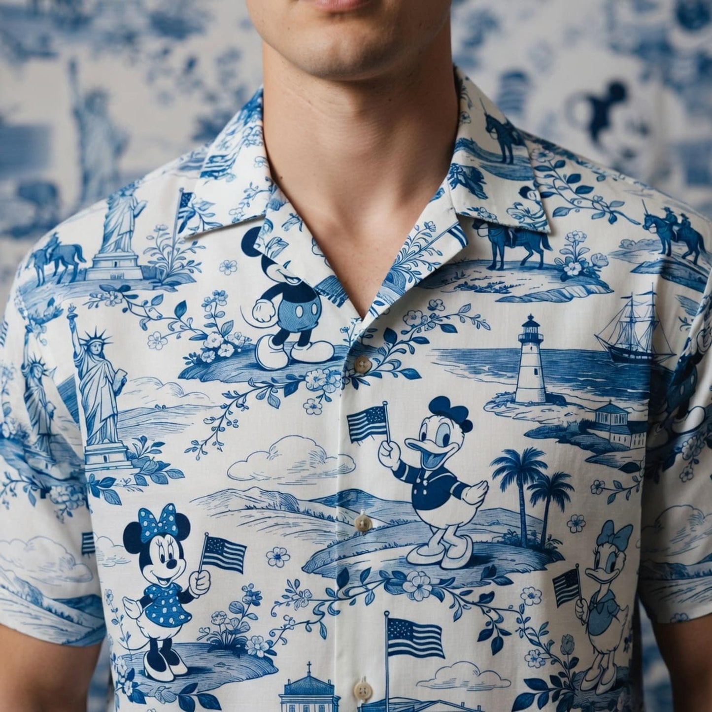 Americana Toile Hawaiian Shirt - Mouse Duck Lady Duck Patriotic Aloha Shirt