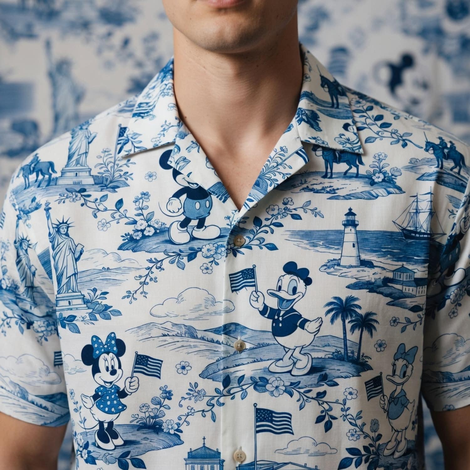 Americana Toile Hawaiian Shirt - Mouse Duck Lady Duck Patriotic Aloha Shirt