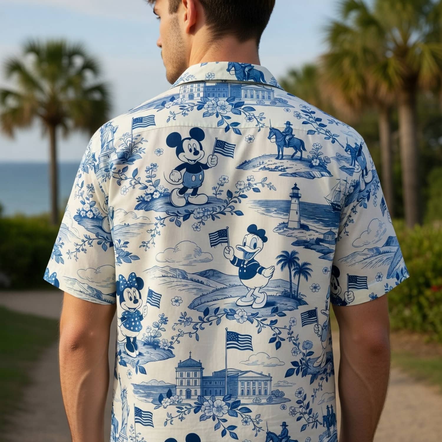Americana Toile Hawaiian Shirt - Mouse Duck Lady Duck Patriotic Aloha Shirt