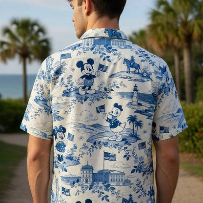 Americana Toile Hawaiian Shirt - Mouse Duck Lady Duck Patriotic Aloha Shirt