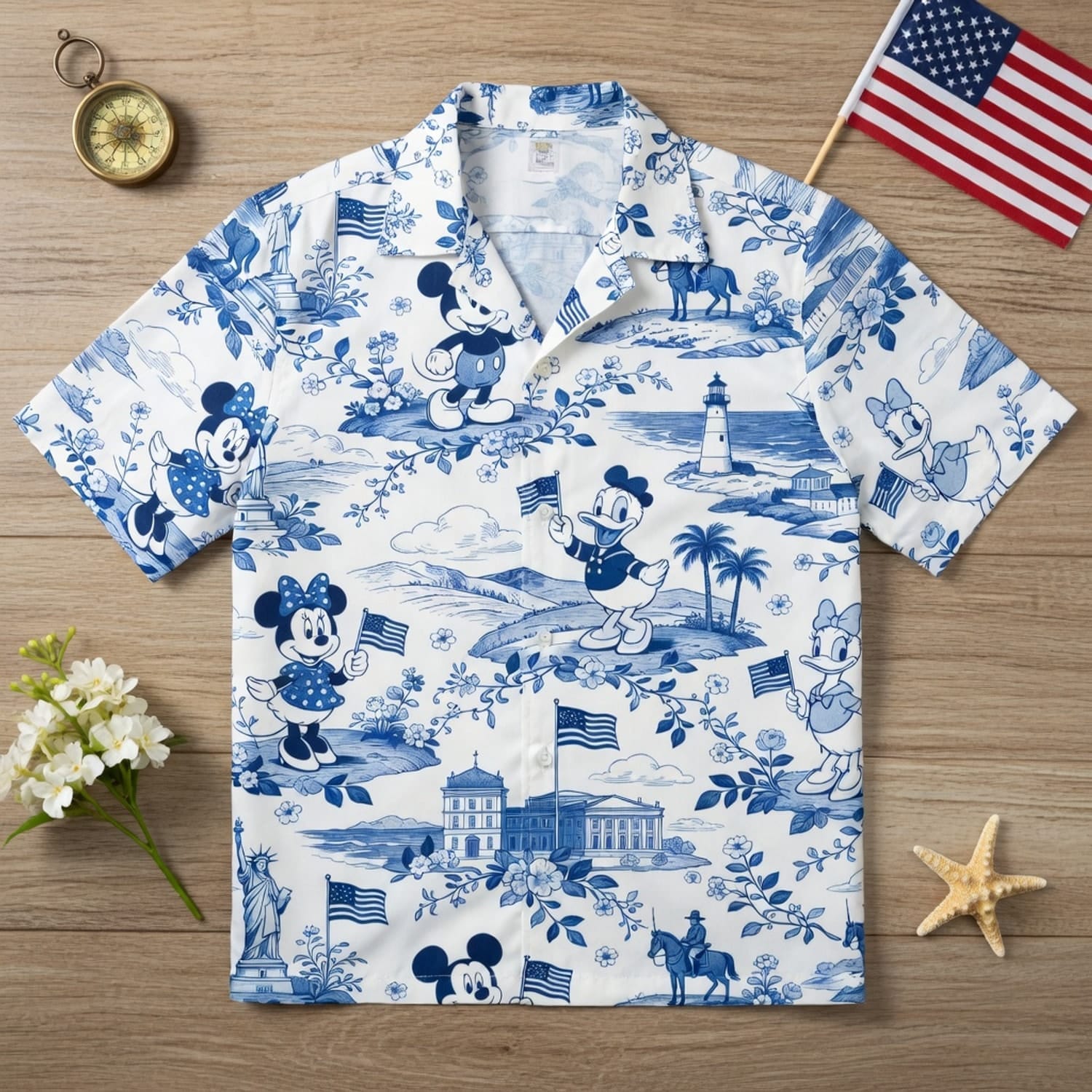Americana Toile Hawaiian Shirt - Mouse Duck Lady Duck Patriotic Aloha Shirt