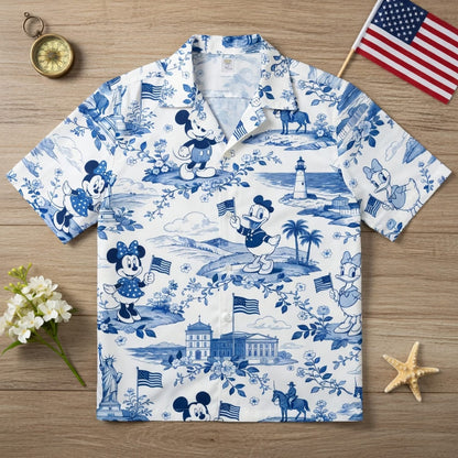 Americana Toile Hawaiian Shirt - Mouse Duck Lady Duck Patriotic Aloha Shirt