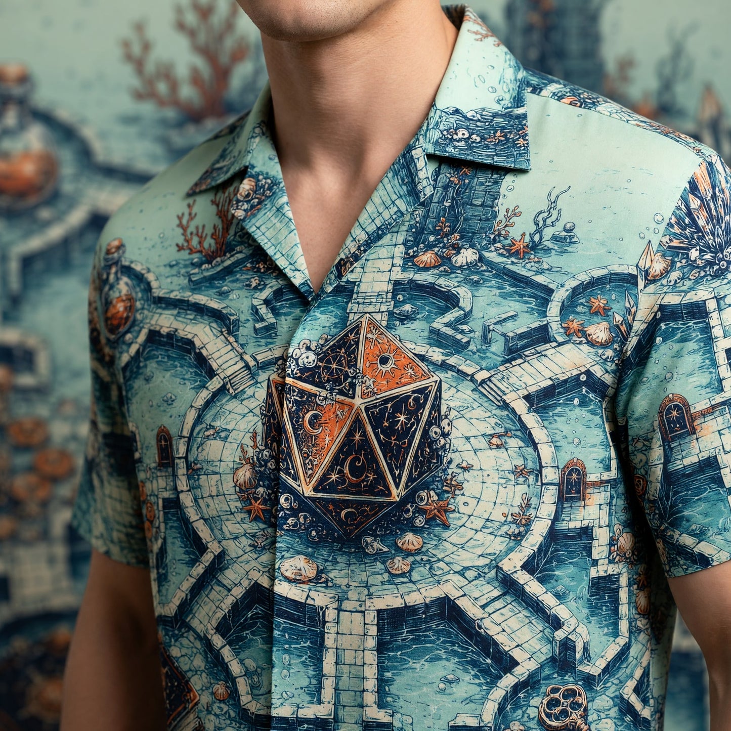 D20 Dice Hawaiian Shirt - Underwater Fantasy RPG Treasure