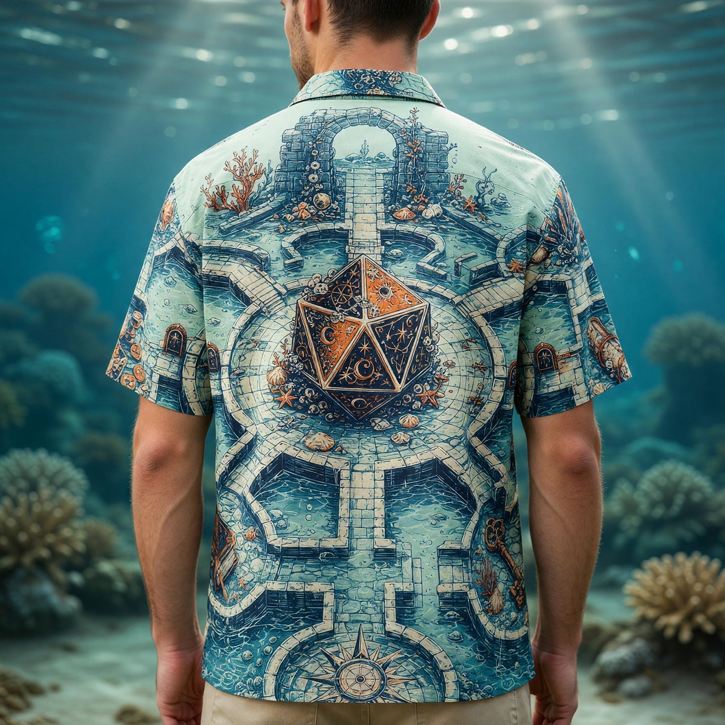 D20 Dice Hawaiian Shirt - Underwater Fantasy RPG Treasure