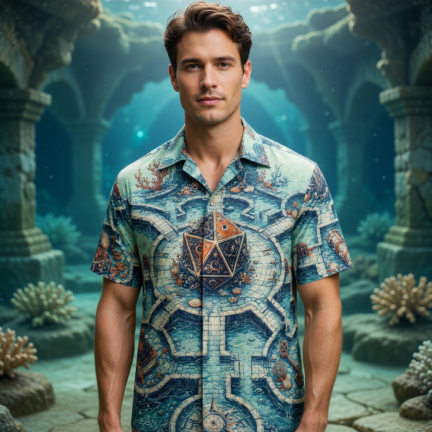 D20 Dice Hawaiian Shirt - Underwater Fantasy RPG Treasure