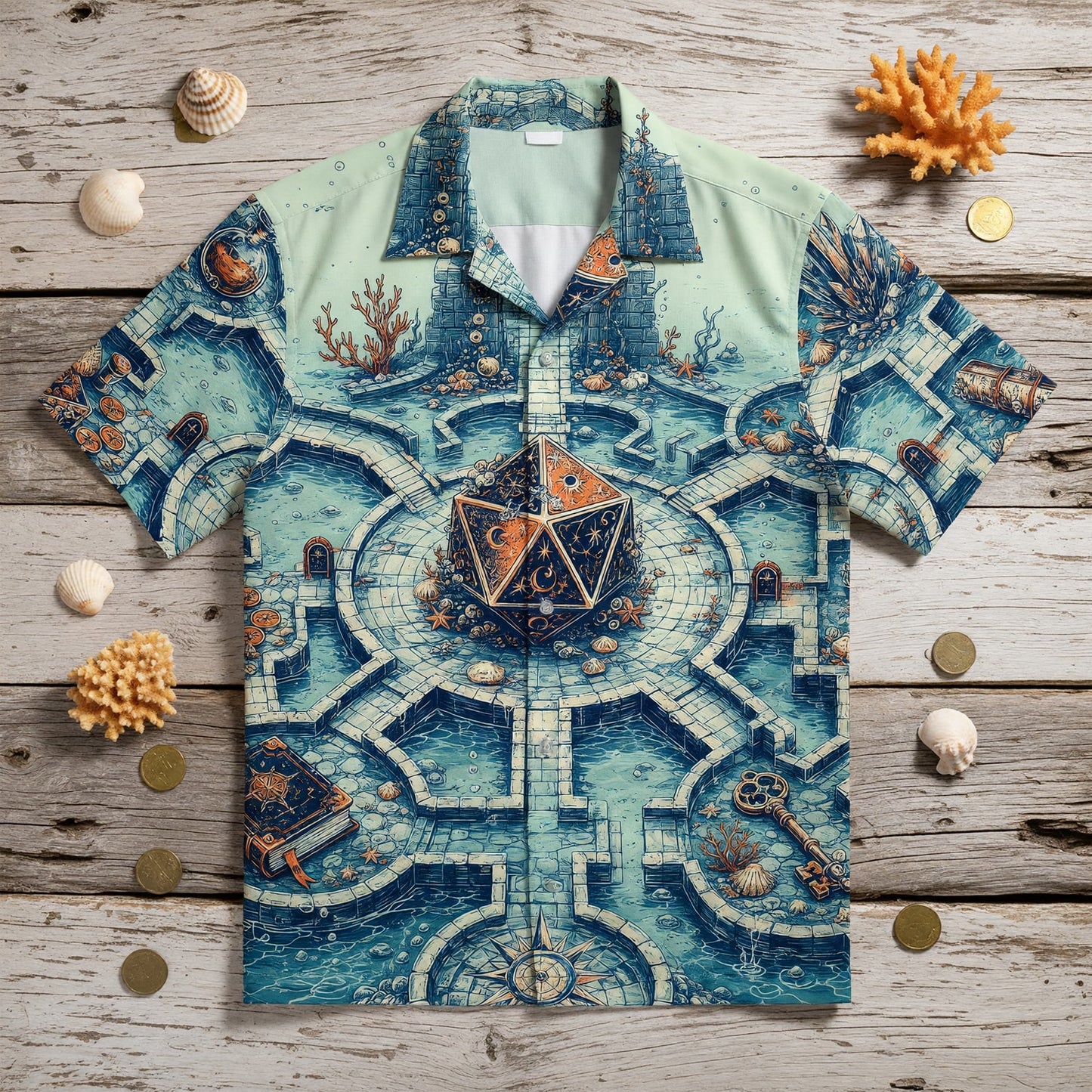 D20 Dice Hawaiian Shirt - Underwater Fantasy RPG Treasure