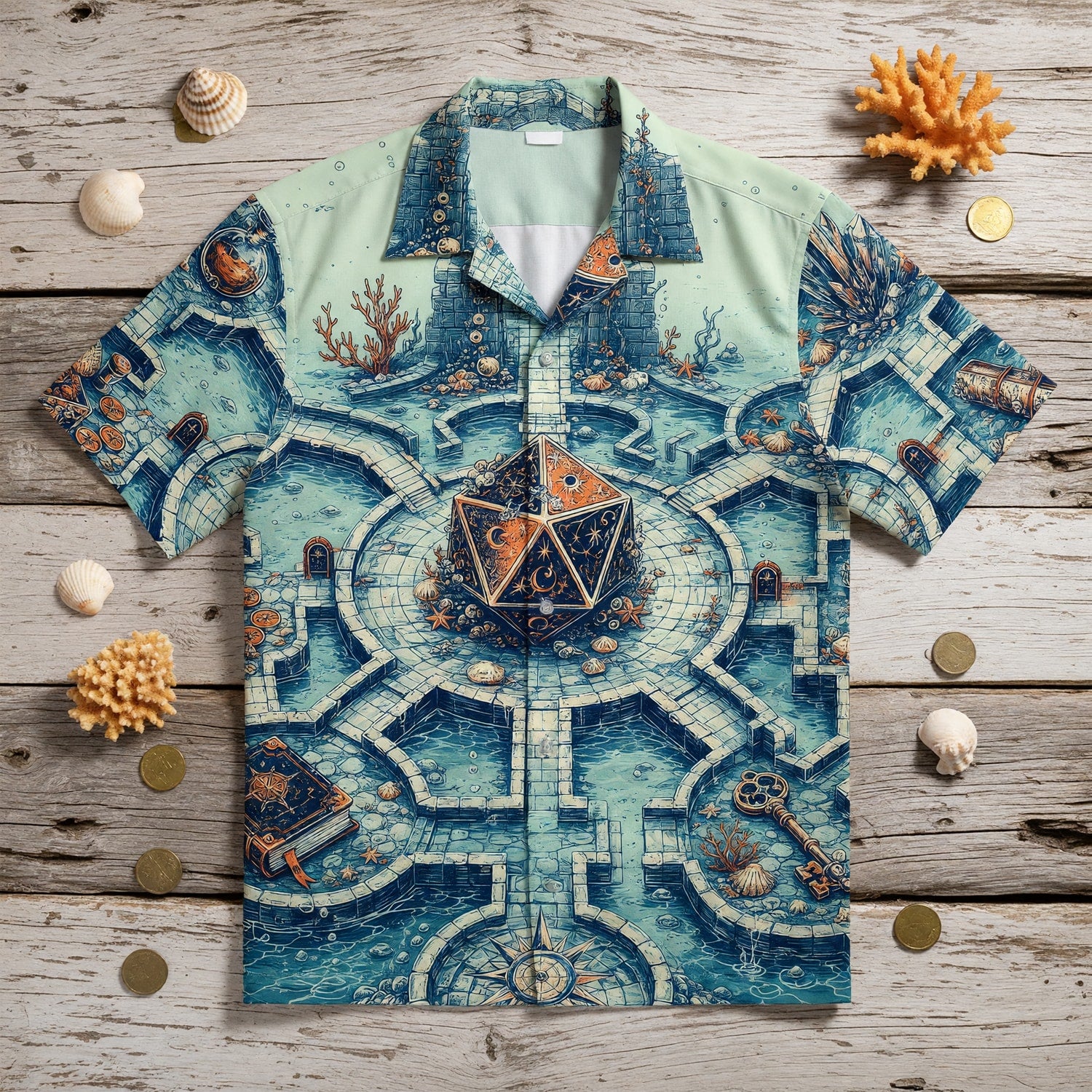 D20 Dice Hawaiian Shirt - Underwater Fantasy RPG Treasure