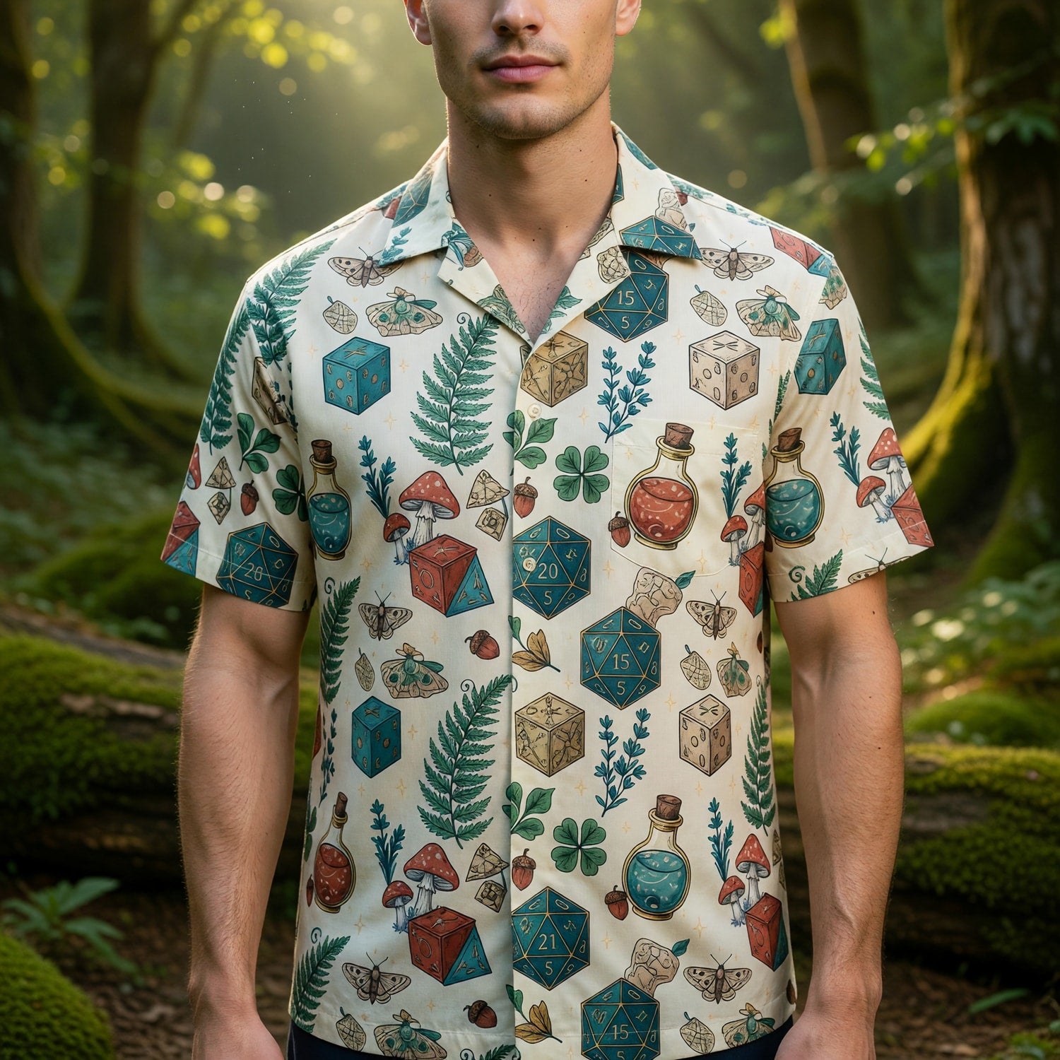 Dice Fantasy Hawaiian Shirt - RPG Mushroom Potion Pattern
