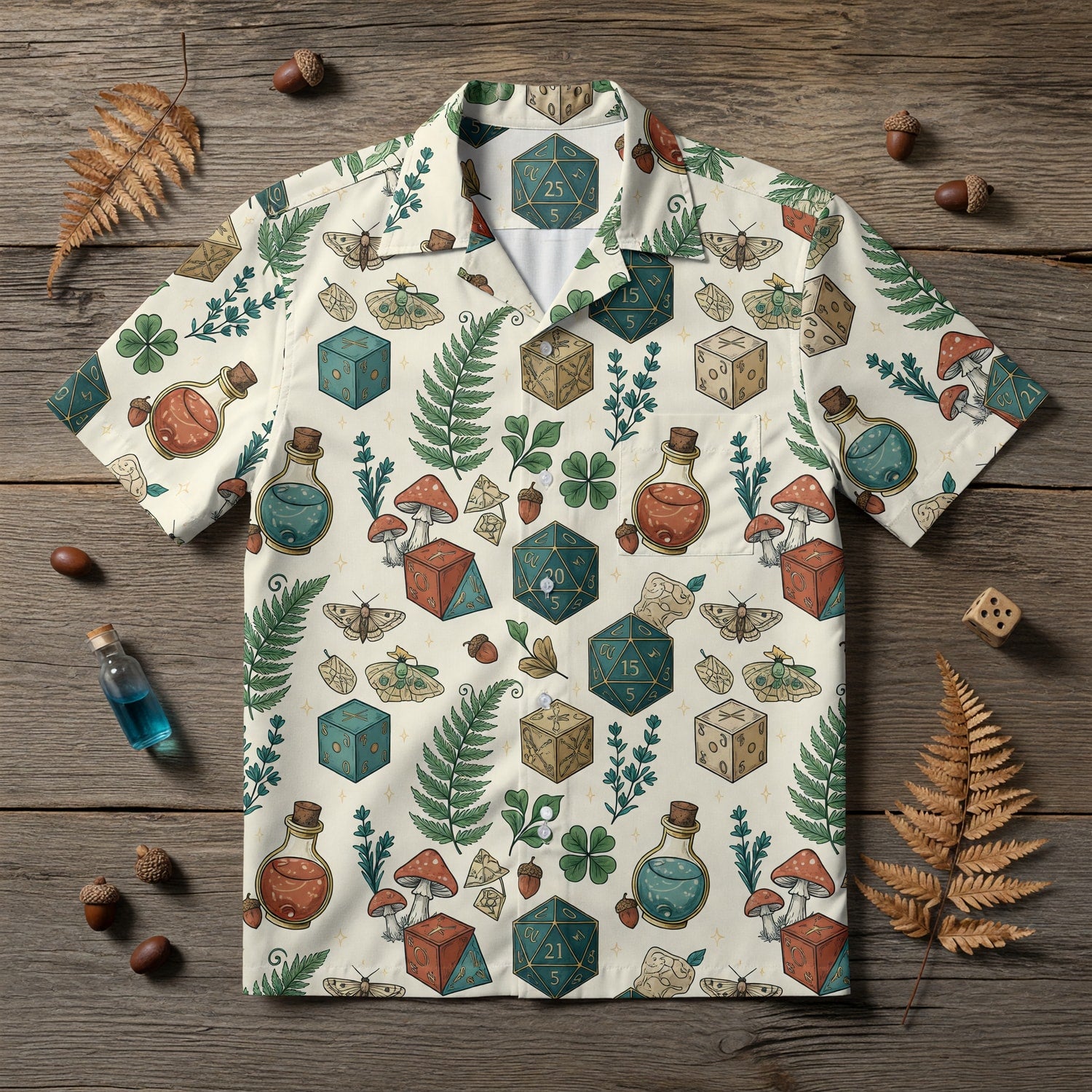 Dice Fantasy Hawaiian Shirt - RPG Mushroom Potion Pattern