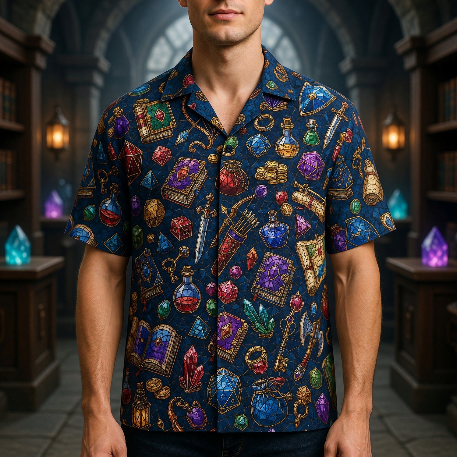 Fantasy Loot Hawaiian Shirt - Stained Glass RPG Treasures